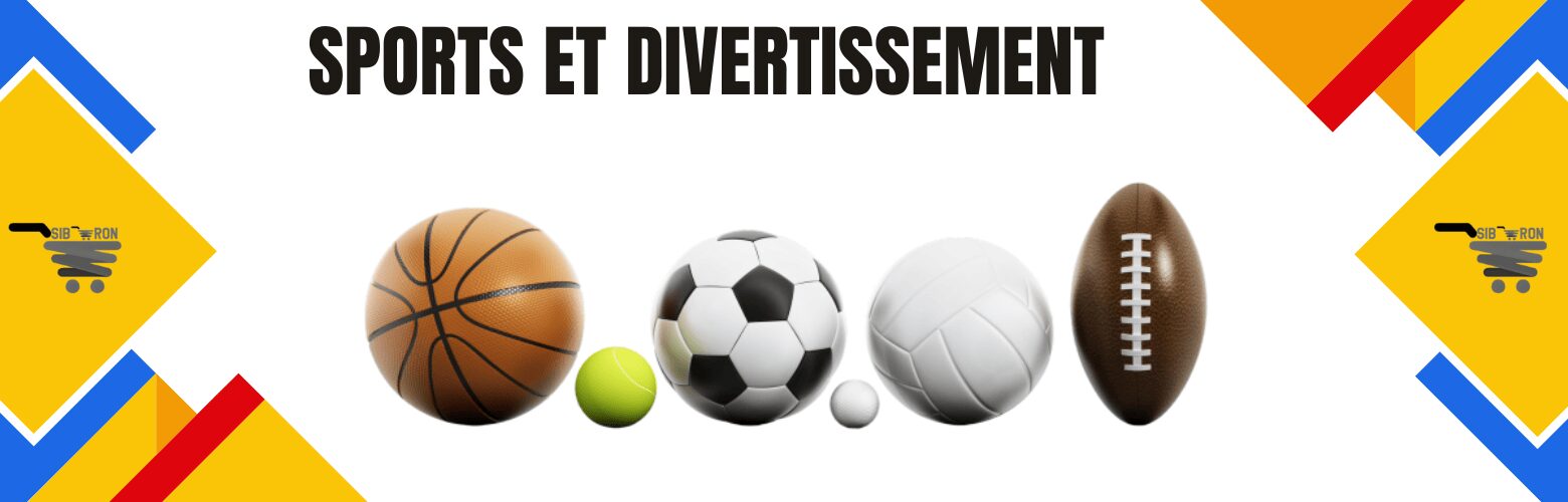 Une collection de ballons de sport comprenant un ballon de basket, un ballon de tennis, un ballon de football et un ballon de rugby.