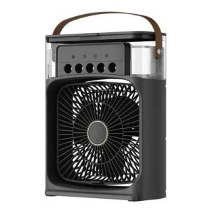 Ventilateur de table noir avec un design moderne et une poignée en cuir sur le dessus.