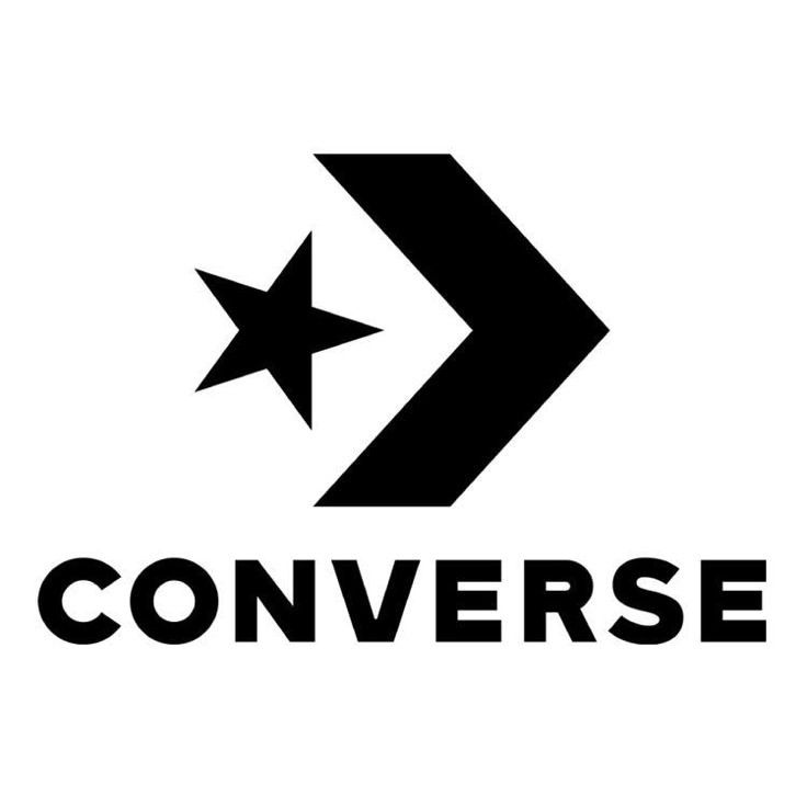 Logo de Converse avec une étoile et une flèche stylisée en noir sur fond blanc.