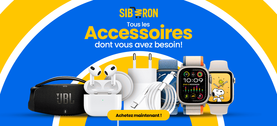 Bannière Sibaron montrant une sélection d'accessoires électroniques : enceinte JBL, AirPods, câbles, adaptateurs, chargeurs et montres Apple Watch, sur un fond bleu et jaune vif.