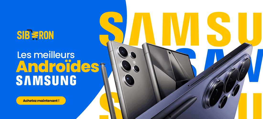 Sibaron présente des smartphones Samsung au design moderne sur un fond bleu avec des éléments textuels jaunes, incluant le nom Samsung.