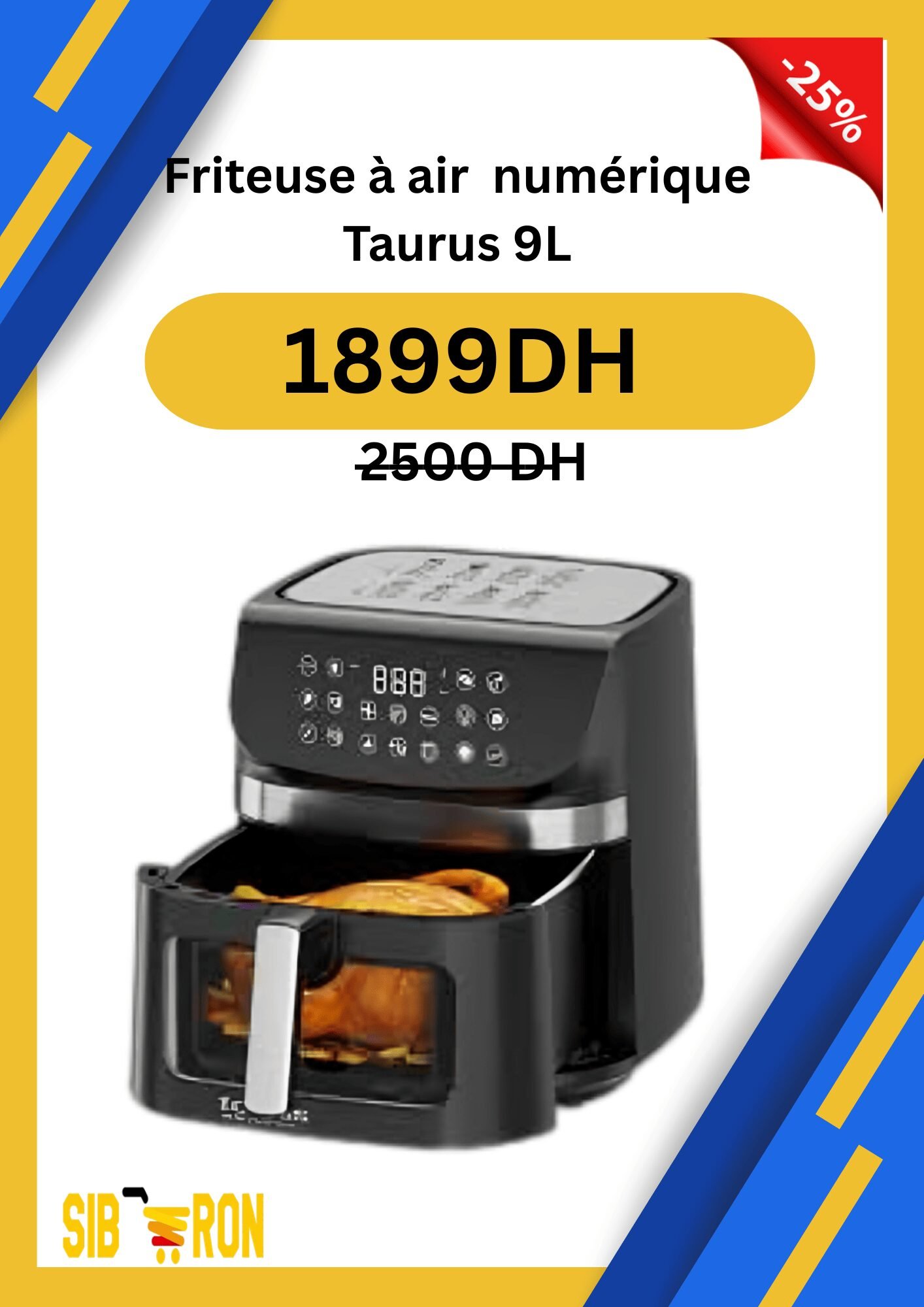 Friteuse à air numérique Taurus 9L avec écran et panier en vue avant.