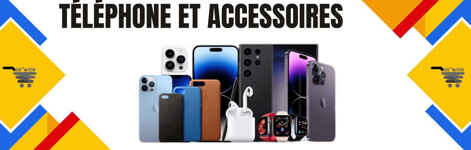 Gamme de produits Apple incluant des iPhones, des écouteurs et des montres connectées sur un fond coloré.