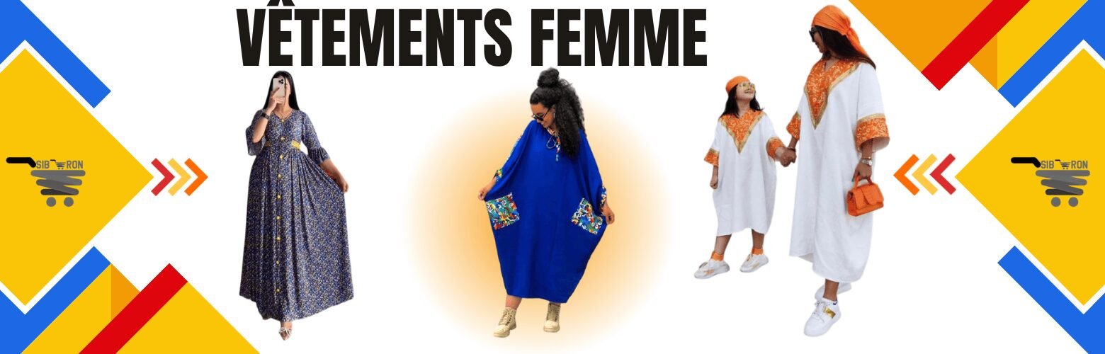 Collection de vêtements traditionnels pour femmes, incluant robes et ensembles colorés.