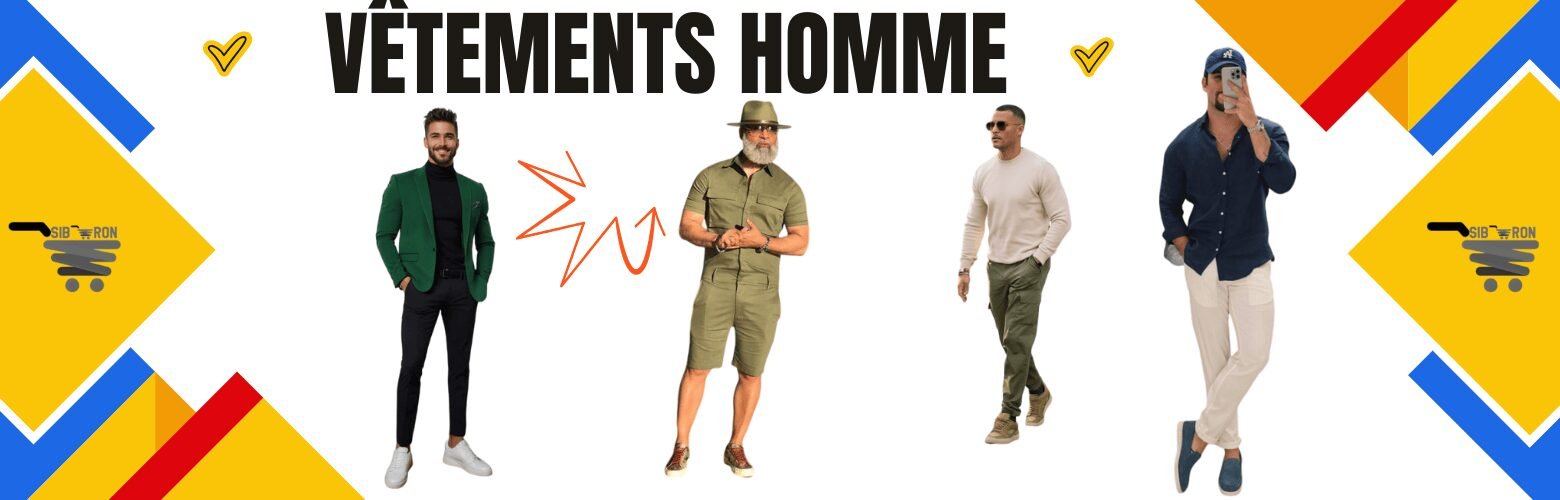 Quatre hommes portant différents styles de vêtements sur un fond coloré avec des motifs géométriques.