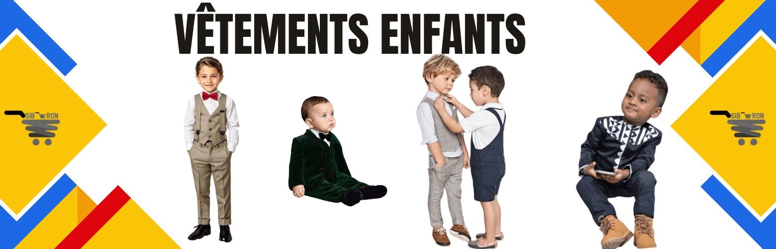 Quatre enfants portant différents vêtements, y compris un costume, une tenue décontractée et un ensemble de shorts.