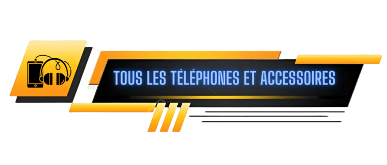Bannière graphique avec le texte 'Tous les téléphones et accessoires' et des icônes de téléphone et d'écouteurs.