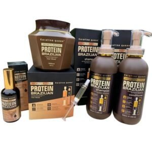 Ensemble de produits de soin capillaire Protein Brésilien comprenant un masque, un shampooing et un après-shampooing.