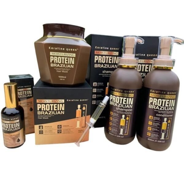 Ensemble de produits de soin capillaire Protein Brésilien comprenant un masque, un shampooing et un après-shampooing.