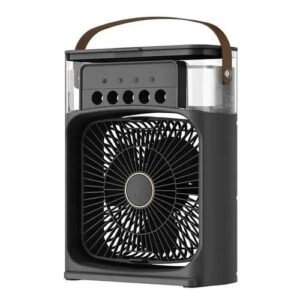 Ventilateur de table noir avec un design moderne et une poignée en cuir sur le dessus.