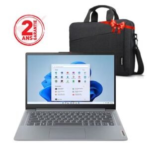 Ordinateur portable Lenovo affichant Windows 11 avec une sacoche grise en cadeau.