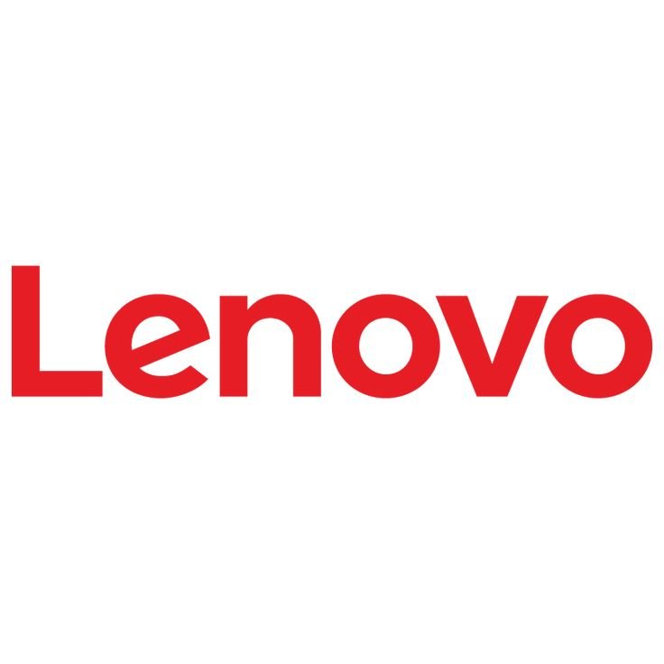 Logo de Lenovo en rouge sur fond blanc, représentant la marque de technologie et d'électronique.