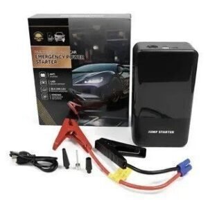 Booster de batterie pour voiture avec pinces rouges et noires, câble USB et boîte de rangement, présenté par Sibaron sur sa gamme chargeur auto.